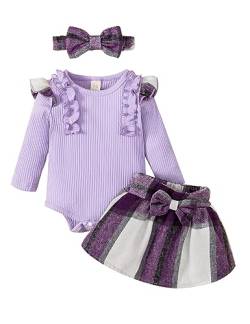 Borlai Kleinkind Baby Mädchen Kleidungsset Langarm Strampler Jumpsuit Ruffle Bodysuit Plaid kurzen Rock und Stirnband 3Pcs Outfit 0-18 Monate von Borlai