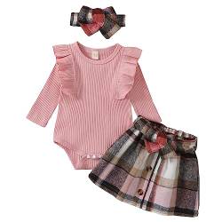 Borlai Kleinkind Baby Mädchen Kleidungsset Langarm Strampler Jumpsuit Ruffle Bodysuit Plaid kurzen Rock und Stirnband 3Pcs Outfit 0-18 Monate von Borlai