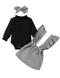 Borlai Kleinkind Baby Mädchen Kleidungsset Ruffle Langarm Gerippter Strampler Oberteil Plaid Hosenträger Rock Outfits mit Stirnband von Borlai