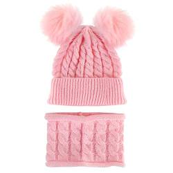 Borlai Strickmütze, Schal, Set mit Bommel, Mütze und Halstuch, warm, für den Winter, 1 - 6 Jahre, 2 Stück, Pink von Borlai