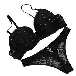 Bornbayb Frauen Sexy Spitze Stickerei Push Up BH Set Solide Spitze Plunge BH und Höschen mit Strass Gr. 75B , Schwarz von Bornbayb