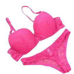 Bornbayb Frauen Sexy Spitze Stickerei Push Up BH Set Solide Spitze Plunge BH und Höschen mit Strass Gr. 90C , rose von Bornbayb