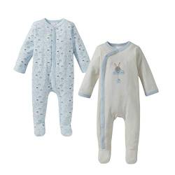 Bornino Basics Schlafoverall 2er-Pack blau - Baby-Schlafanzug - Einteiler - Wolken- und Hasen-Print - angesetzte Füßchen - seitliche Druckknopfleiste - Größe 62 von Bornino