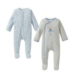 Bornino Basics Schlafoverall 2er-Pack blau - Baby-Schlafanzug - Einteiler - Wolken- und Hasen-Print - angesetzte Füßchen - seitliche Druckknopfleiste - Größe 74 von Bornino