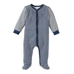 Bornino Basics Schlafoverall blau - Baby-Pyjama Geringelt - mit Patches an Ellenbogen & Paspelierung an Druckknopfleiste - Größe 62 von Bornino