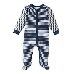Bornino Basics Schlafoverall blau - Baby-Pyjama Geringelt - mit Patches an Ellenbogen & Paspelierung an Druckknopfleiste - Größe 74 von Bornino