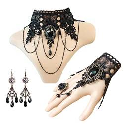 Borsgye Gothic Choker Halskette Armbänder Ohrringe Schmuck Schwarz Spitze Vampir Armband Lace Collier Kette Fingerlose Handschuhe Victorian Steampunk Vintage Halsband für Halloween Ostern - FY008 von Borsgye