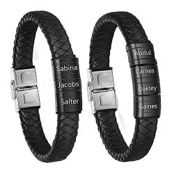 Bosajewel Personalisiertes Lederarmband für Herren Schwarze Namensperlen Charm Armbänder Verschluss mit Magneten Graviert 4 Name ID Herren Schmuck Armband Für Vater Freund von Bosajewel