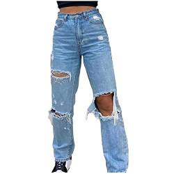 Boshivw Jeans Damen High Waist Baggy Jeanshosen Destroyed Denim Hose Chino Jeans Lässige Straight Jeans Valentinstag Kleidung Lang Trousers Hose mit Löchern Boyfriend Stretch Jeans Frauen, Blau, S von Boshivw