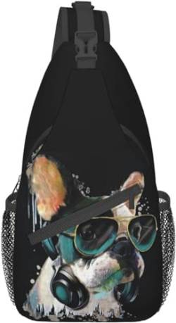 Französische Bulldogge Portrait mit Kopfhörern, kleine Schultertasche für Damen, Herren, Crossbody-Sling-Rucksack, Wandern, Reisen, Tagesrucksack, Schultertasche, Brusttasche mit verstellbarem Riemen, von Botell