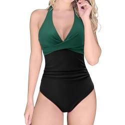 Badeanzug Damen V Ausschnitt Neckholder Bauchweg Schwimmanzug Push Up Badeanzüge Bademode Monokinis Badeanzug Rückenfrei mit Cups (A-Grün/Schwarz, L) von Boteria