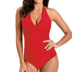 Badeanzug Damen V Ausschnitt Neckholder Bauchweg Schwimmanzug Push Up Badeanzüge Bademode Monokinis Badeanzug Rückenfrei mit Cups (A-Rot, M) von Boteria