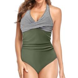 Badeanzug Damen V Ausschnitt Neckholder Bauchweg Schwimmanzug Push Up Badeanzüge Bademode Monokinis Badeanzug Rückenfrei mit Cups (A-Schwarz Weiß/Grün, XL) von Boteria