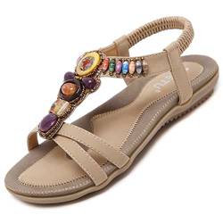 Sandalen Damen Sommer Flach Bequem Zehentrenner Sandaletten mit Strass Perlen Frauen Weiches Fussbett Bohemian Outdoor Strand Schuhe Beige 37 (36EU) von Bothevin