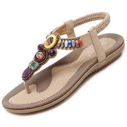 Sandalen Damen Sommer Flach Bequem Zehentrenner Sandaletten mit Strass Perlen Frauen Weiches Fussbett Bohemian Outdoor Strand Schuhe Beige 37 (36EU) von Bothevin