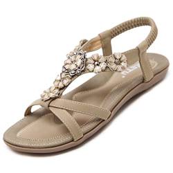 Sandalen Damen Sommer Flach Bequem Zehentrenner Sandaletten mit Strass Perlen Frauen Weiches Fussbett Bohemian Outdoor Strand Schuhe Beige 38 (37EU) von Bothevin