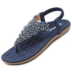 Sandalen Damen Sommer Flach Bequem Zehentrenner Sandaletten mit Strass Perlen Frauen Weiches Fussbett Bohemian Outdoor Strand Schuhe Blau 39 (38EU) von Bothevin