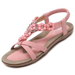 Sandalen Damen Sommer Flach Bequem Zehentrenner Sandaletten mit Strass Perlen Frauen Weiches Fussbett Bohemian Outdoor Strand Schuhe Rosa 40 (39EU) von Bothevin