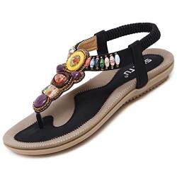 Sandalen Damen Sommer Flach Bequem Zehentrenner Sandaletten mit Strass Perlen Frauen Weiches Fussbett Bohemian Outdoor Strand Schuhe Schwarz 38 (37EU) von Bothevin