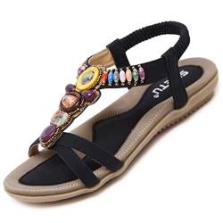 Sandalen Damen Sommer Flach Bequem Zehentrenner Sandaletten mit Strass Perlen Frauen Weiches Fussbett Bohemian Outdoor Strand Schuhe Schwarz 38 (37EU) von Bothevin