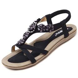 Sandalen Damen Sommer Flach Bequem Zehentrenner Sandaletten mit Strass Perlen Frauen Weiches Fussbett Bohemian Outdoor Strand Schuhe Schwarz 43 (42EU) von Bothevin