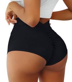 Boudaner Yoga-Shorts für Damen, hohe Taille, V-Ausschnitt, Scrunch, Fitnessstudio, Workout, Spandex, Tanz, Hot Pants Butt Lifting Rave Bottoms, Schwarz, Groß von Boudaner