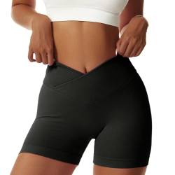 Bovldemt Kurze Sporthose Damen Gym Shorts Damen Crossover Booty Scrunch Shorts Push Up Yoga Shorts Workout Sportshorts V Cross(Black, S) von Bovldemt