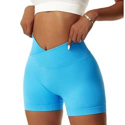 Bovldemt Kurze Sporthose Damen Gym Shorts Damen Crossover Booty Scrunch Shorts Push Up Yoga Shorts Workout Sportshorts V Cross(Blue, S) von Bovldemt