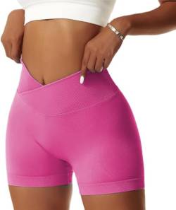 Bovldemt Kurze Sporthose Damen Gym Shorts Damen Crossover Booty Scrunch Shorts Push Up Yoga Shorts Workout Sportshorts V Cross(Pink, L) von Bovldemt