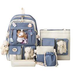 Bowtus Große Harajuku Segeltuch Schulranzen, Kawaii Rucksack mit Niedlich Anhänger Zubehör 5 Teiliges Set, SchulrucksackSet Schultasche Für Dame Schüler Reise Teenager Büchertasche (blau) von Bowtus