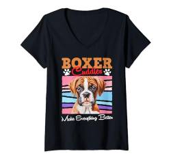 Damen Deutscher Boxer KUSCHELN MIT BOXER MACHT BESSER Vintage T-Shirt mit V-Ausschnitt von Boxer Hund Geschenk Deutsche Boxer Besitzer Shirt