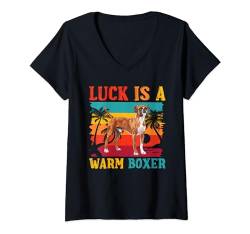 Damen Deutscher Boxer LUCK IS A WARM BOXER Lustiges Vintage T-Shirt mit V-Ausschnitt von Boxer Hund Geschenk Deutsche Boxer Besitzer Shirt