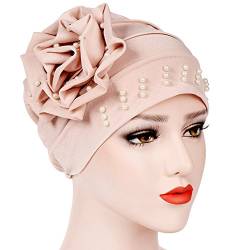 Boyfriend Cardig Solid Color Damen Blume Turban Kopfbedeckung Hut aus Baumwolle Stirnband Mädchen Indian Muslim Islamische Mütze Kappe Fichu Plissee Kopftuch Kopftuch mit Perlen Beige von Boyfriend Cardig