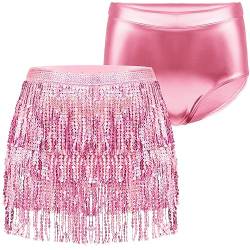 Damen Pailletten Quaste Röcke mit Metallic Rave Shorts für Frauen, Pink, Groß von Boyiee