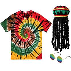 Rasta Kostüme Hut mit Dreadlock Perücke Batikfärbung T-Shirt für Männer Frauen Sonnenbrille Reggae Zubehör 3 Stück, Mehrfarbig, Small von Boyiee