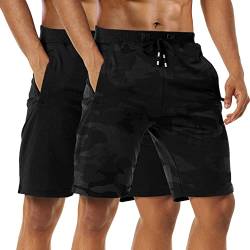 2er Pack Shorts Herren Kurze Hosen Baumwolle Sommer Sport Shorts Jogginghose Kurz Männer Sporthose Kurz Freizeithose Trainingshose Fitnesshose Laufshorts Mit Reißverschlusstasch Black/Camo Black-2XL von Boyzn