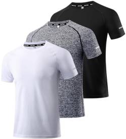 3er Pack Herren Sport T-Shirt Kurzarm Rundhals Atmungsaktiv Schnelltrocknendes Funktionsshirt Laufshirt Fitnessshirt Trainingsshirt für Running Workout Bodybuilding Black/White/HGrey-3P07-S von Boyzn