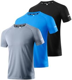 3er Pack Herren Sportshirt Atmungsaktiv Schnelltrocknendes Laufshirt Leichte Trainingsshirt Funktionsshirt Wandershirt Fitnessshirt Sommer Kurzarm T-Shirt für Männer Black/Gray/Blue-3P02-XL von Boyzn