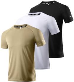 3er Pack Herren Sportshirt Atmungsaktiv Schnelltrocknendes Laufshirt Leichte Trainingsshirt Funktionsshirt Wandershirt Fitnessshirt Sommer Kurzarm T-Shirt für Männer Black/White/Khaki-3P12-2XL von Boyzn