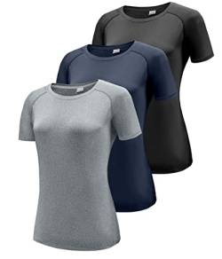 3er Pack Sport T-Shirt Damen, Fitness Sport Shirt Kurzarm Oberteile, Rundhals Funktionsshirt Laufshirt für Frauen, Workout Tops, Gym Yoga Shirt Damen, Kurzarm Trainingsshirt Black/Navy/Hgrey 3P13-2XL von Boyzn