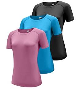 3er Pack Sport T-Shirt Damen, Kurzarmshirt Frauen, Workout Tops Rundhals Sport Casual Oberteile, Kurzarm Funktionsshirt Laufshirt, Sommer Gym Top Yoga Shirt Fitness T-Shirts Black/Blue/Pink 3P14-L von Boyzn