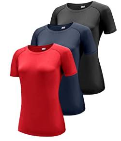 3er Pack T-Shirt Damen Sportshirt Kurzarm Gym Yoga Top Rundhals Sport Oberteil Sommer Laufshirt Atmungsaktiv Sporttop Leicht Yoga Fitness Shirt Schnelle Trockene Funktionsshirt Black/Navy/Red 3P12-XL von Boyzn