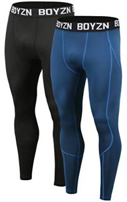 Boyzn 2er Pack Kompressionshose Herren, Sport Leggings Lange Tights Atmungsaktiv Fitness Strumpfhosen Funktionswäsche Pants Unterhose Lang Laufhosen für Laufen Wandern Radfahren Black/Blue-2XL von Boyzn