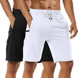 Boyzn Herren 2er Pack Sport Shorts, Sommer Fitness Shorts Schnelltrocknende Laufshorts, Atmungsaktiv Baumwolle Kurze Hose Trainingsshorts Mit Reißverschlusstaschen Black/White-2XL von Boyzn