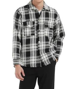 Boyzn Herren Button Down Loose Fit Langarm Dicke Plaid Casual Hemdjacke mit Taschen Black-L von Boyzn