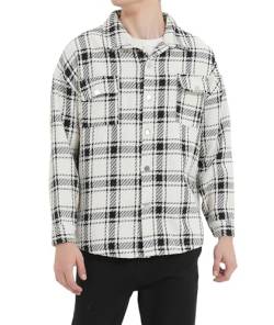 Boyzn Herren Button Down Loose Fit Langarm Dicke Plaid Casual Hemdjacke mit Taschen White-2XL von Boyzn