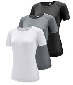 Damen 3er Pack Kurzarm T-Shirts, UPF 50+ Sonnenschutz Schnelltrocknend Funktionsshirt Laufshirts, Atmungsaktiv Kurzarm Sportshirt Gym Yoga Top Workout Fitness Oberteil Black/White/Grey 3P11-L von Boyzn