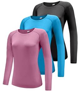 Damen 3er Pack Langarmshirt T-Shirts, UPF 50+ Sonnenschutz Schnelltrocknend Funktionsshirt Laufshirts, Atmungsaktiv Langarm Sportshirt Gym Yoga Top Workout Fitness Oberteil Black/Blue/Pink 3P04-M von Boyzn