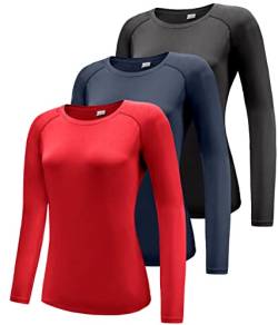 Damen 3er Pack Langarmshirt T-Shirts, UPF 50+ Sonnenschutz Schnelltrocknend Funktionsshirt Laufshirts, Atmungsaktiv Langarm Sportshirt Gym Yoga Top Workout Fitness Oberteil Black/Navy/Red 3P02-M von Boyzn