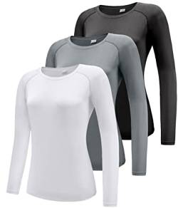 Damen 3er Pack Langarmshirt T-Shirts, UPF 50+ Sonnenschutz Schnelltrocknend Funktionsshirt Laufshirts, Atmungsaktiv Langarm Sportshirt Gym Yoga Top Workout Fitness Oberteil Black/White/Grey 3P01-M von Boyzn